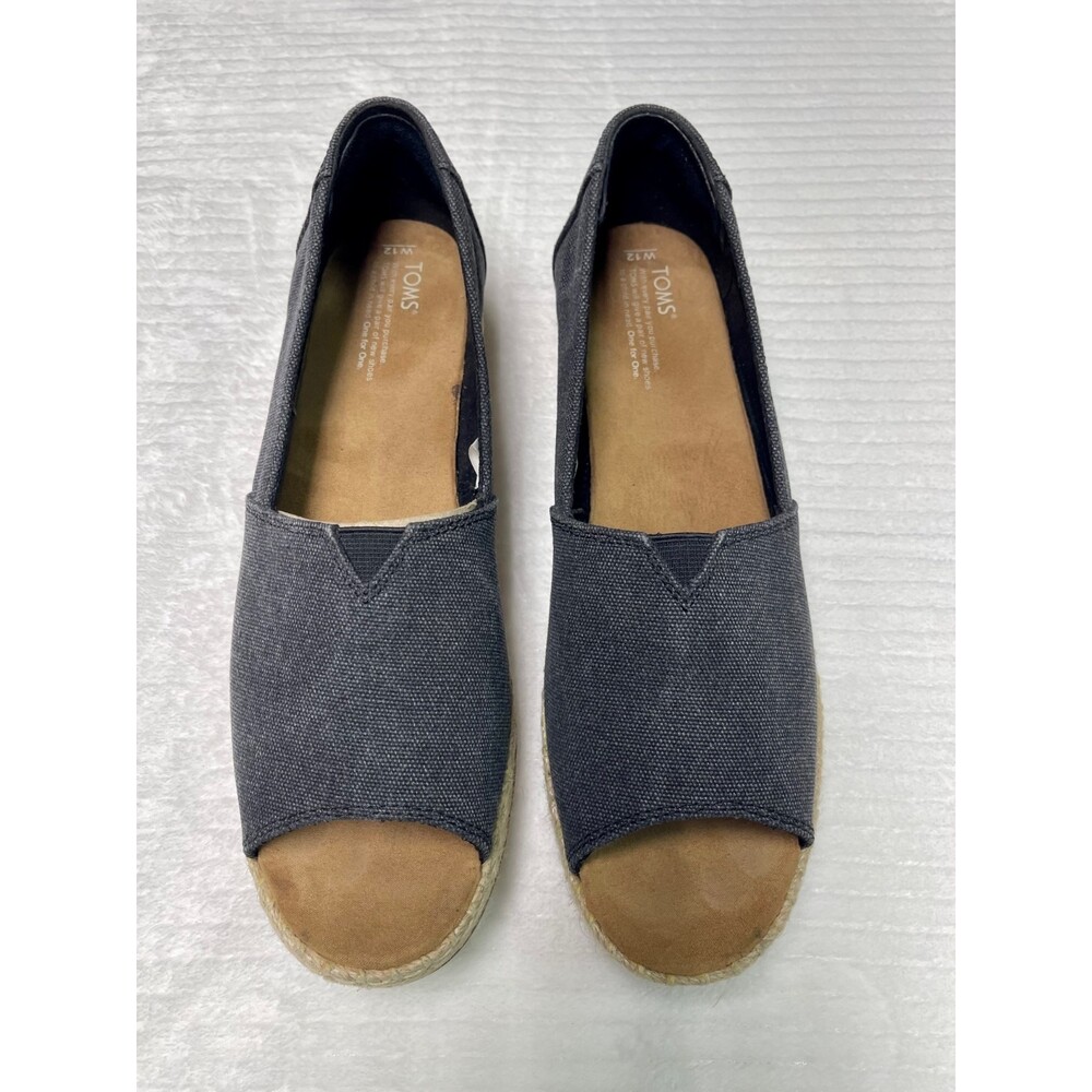 TOM'S Open Toe Platform Alpargata, Black Washed Canvas, Sz 12